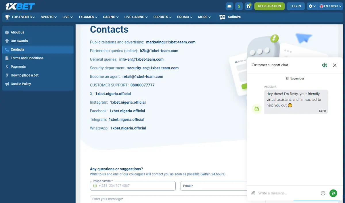 1xBet Customer Support chat and Contacts Screenshot